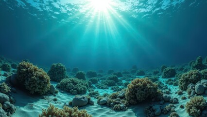 Fototapeta premium Sunlight illuminating an underwater coral reef with skull-shaped rock formations and bleaching effects 