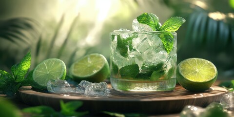 Refreshing mint and lime cocktail served in a glass on a wooden board surrounded by fresh ingredients in a tropical setting