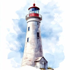 Seamless pattern featuring a bright lighthouse with a red top against a serene sky backdrop. Generative AI
