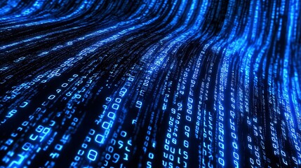 Futuristic flowing data binary code wallpaper design, glowing neon digital background for tech themes