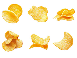 Naklejka premium Crispy Golden Potato Chips in Various Shapes and Textures on Transparent Background