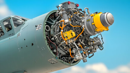 Detailed View Of An Aircraft Engine Showing Complex Internal Structure Against A Blue Sky