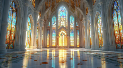 Obraz premium Grand stained glass cathedral interior religious venue digital art serene atmosphere wide angle spiritual beauty