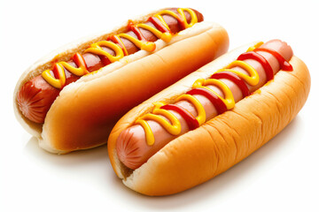 Two delicious hot dogs lying on a white background with mustard and ketchup