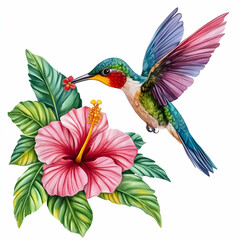 Vibrant hummingbird dances amidst tropical hibiscus blooms in a lush paradise. Generative AI