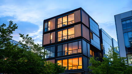 Fototapeta premium Modern Office Building Exterior With Illuminated Windows and Green Trees in the Evening
