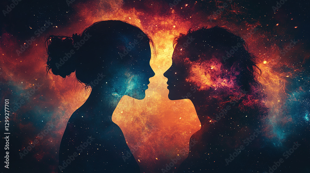 Wall mural cosmic connection two silhouetted figures space digital art ethereal background close-up unity in di