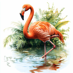 Fototapeta premium Vibrant flamingo standing gracefully in tranquil waters surrounded by lush greenery. Generative AI
