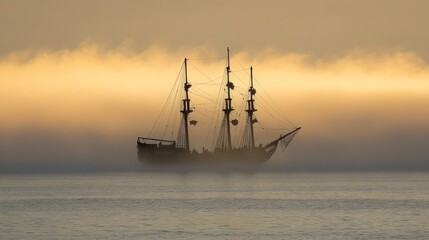 Obraz premium A Majestic Sailing Ship in Misty Dawn