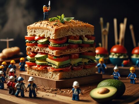 Miniature construction workers building a giant avocado sandwich masterpiece