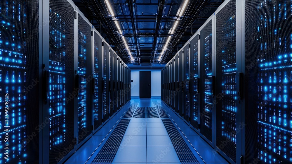 Aufkleber Modern data center with illuminated server racks, blue LED lighting, and advanced cooling infrastructure. Ideal for cloud computing, cyber security, artificial intelligence, and data storage concepts