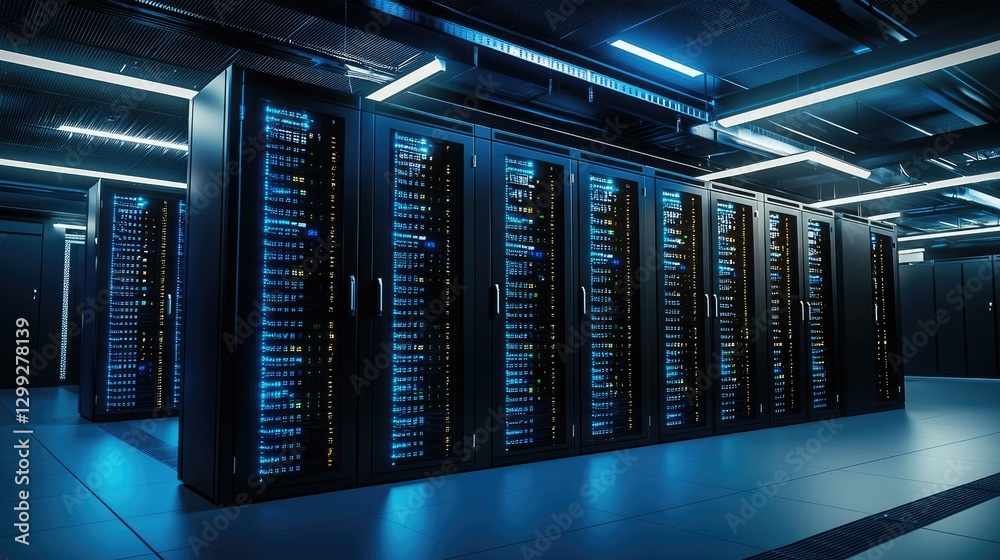 Poster Modern data center with rows of illuminated server racks, glowing blue lights, and advanced infrastructure. Ideal for cloud computing, cyber security, artificial intelligence, and data storage concept