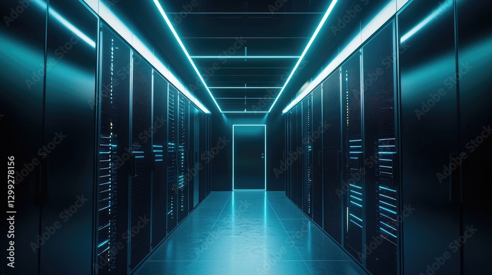 Poster futuristic data center corridor with glowing blue lights, advanced server racks, and a sleek modern 