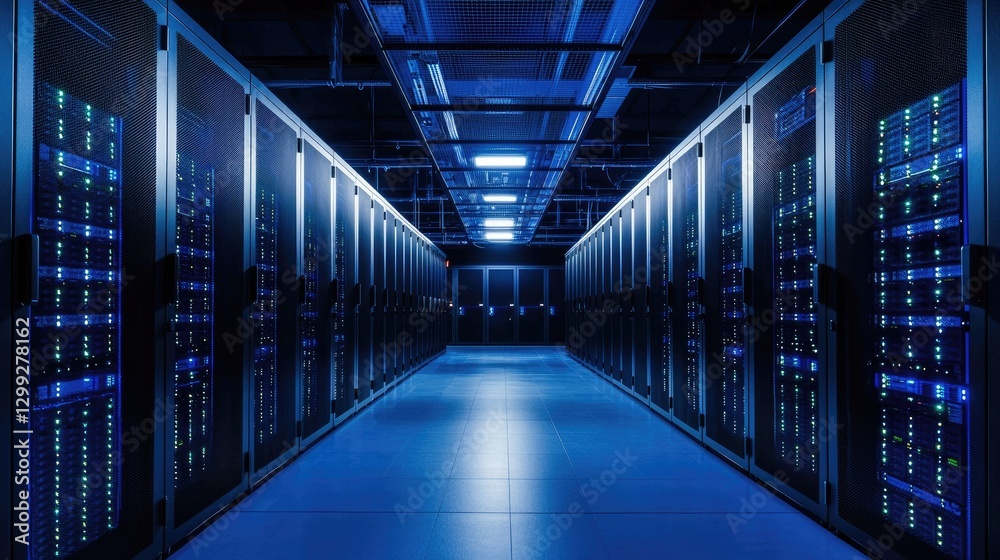 Aufkleber High tech data center with rows of illuminated server racks, glowing blue lights, and advanced infrastructure. Ideal for cloud computing, cyber security, artificial intelligence, data storage concepts