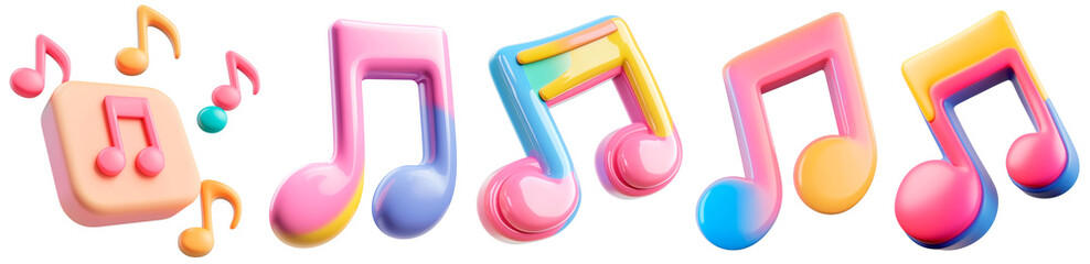 Set of vibrant and glossy 3D musical notes in pastel and gradient colors on a transparent background. Perfect for music, sound design, audio branding, digital media, and artistic projects.
