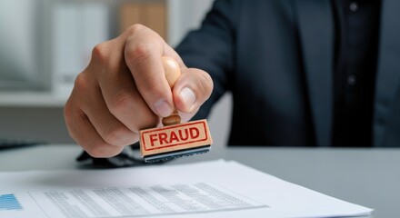 Close-up of male hand stamping "FRAUD" on documents signaling financial misconduct
