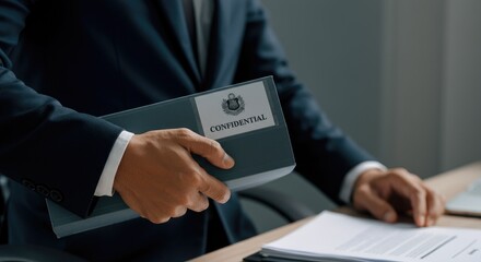 Businessperson holding confidential document at desk in office