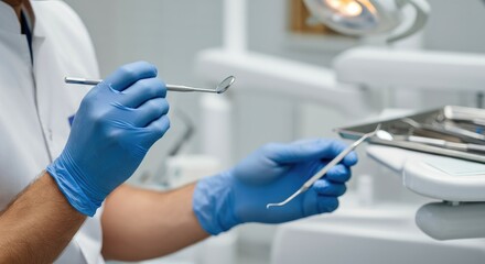 Dentist wearing gloves, holding dental tools in clinic