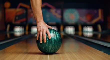 Hand of male bowler preparing to roll green bowling ball on lane