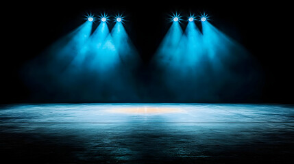 Obraz premium Blue Spotlights Shine Down on a Water Surface with Abstract Reflections and Dark Background