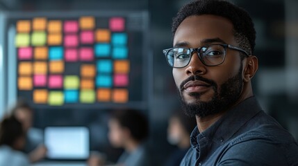 Fototapeta premium Confident Professional Man in Eyeglasses with Post-it Notes Background