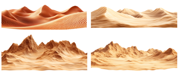 Set of realistic desert landscapes with sand dunes and rugged mountains on a transparent background. Ideal for nature, sci-fi, adventure, and environmental projects, including 3D environments