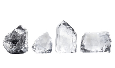 Set of transparent quartz crystal stones isolated on a transparent background. High-resolution raw mineral formations with clear and icy textures, perfect for geology, jewelry