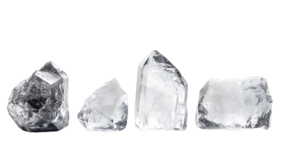 Set of transparent quartz crystal stones isolated on a transparent background. High-resolution raw mineral formations with clear and icy textures, perfect for geology, jewelry