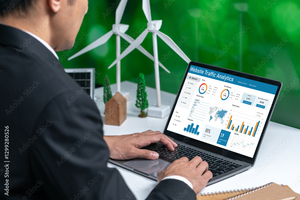 Poster computer software for website traffic analytics data on computer screen. concept of seo search engin