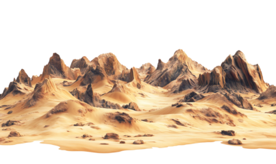 Futuristic desert mountain landscape with rugged rocky formations and golden sand, isolated on a transparent background. Perfect for sci-fi, fantasy, game design, and concept art.