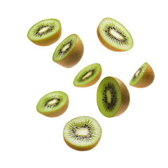 Fototapeta premium Floating slices of fresh kiwi fruit isolated on a transparent background. Juicy green texture with seeds and fuzzy skin, perfect for food packaging, advertisements, and healthy lifestyle designs.