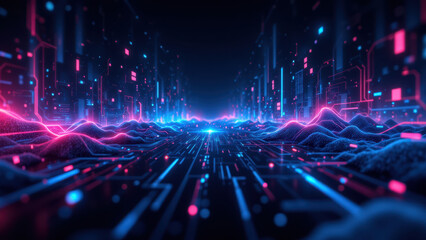 Obraz premium Futuristic technology network with vibrant colors and abstract shapes representing digital infrastructure like Ci/cd, Docker, Kubernetes, DevOps.