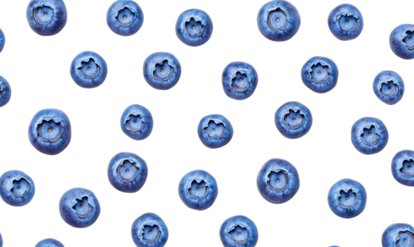 Seamless pattern of fresh blueberries isolated on a transparent background. High-quality texture with vibrant blue tones, perfect for food packaging, digital designs, textiles, and health-related proj