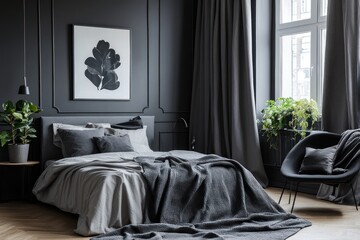 Dark modern bedroom interior design with art,plants