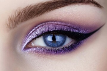 Obraz premium Close-up of blue eye with purple eyeshadow and winged eyeliner