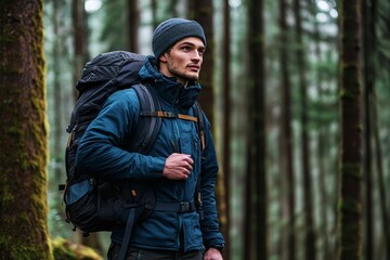 Obraz premium Young caucasian male hiker exploring forest with backpack and beanie