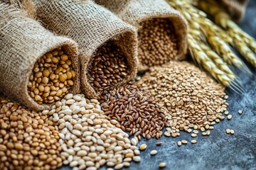 Obraz premium Variety of raw grains in burlap bags on rustic surface