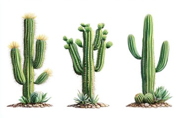 Cactus Carnegiea gigantea set frontal isolated png on a transparent background perfectly cutout high resolution 