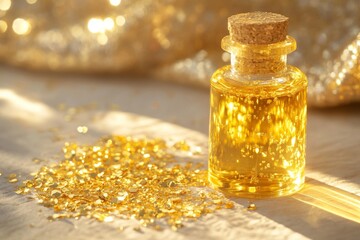 Sparkling gold glitter oil in a glass bottle with cork stopper on sunlit surface