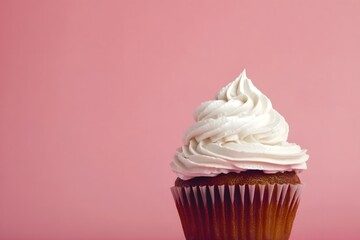 Sweet Delight: A close-up of a delightful cupcake with fluffy frosting on a soft pink background. Capturing the elegance and appeal of the delectable treat