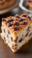 Delicious Coffee Cake: a close-up shot of a delicious coffee cake, boasting a crumb topping with dark berries on top, soft, inviting.