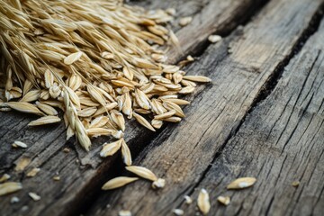 Close-up of raw oat grains scattered on rustic wooden surface