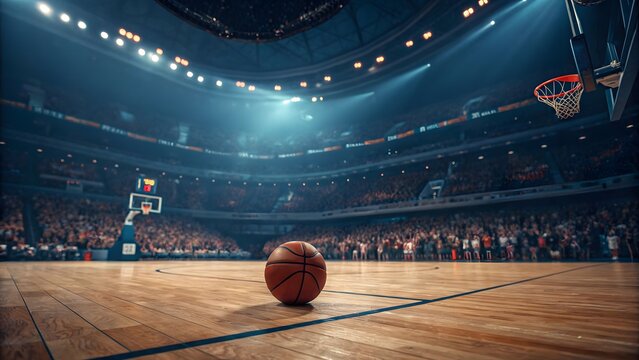 Basketball game court with ball and audience in arena. Created with Ai
