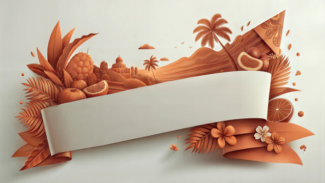 Blank tropical travel banner with palm trees and fruits