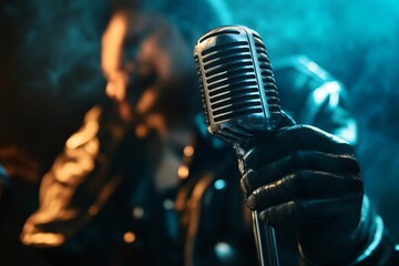 African adult male singer holding vintage microphone in smoky blue ambient lighting