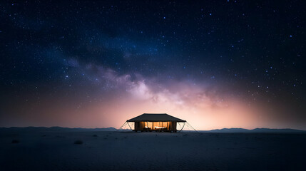 Pixelated House Illuminated Under a Starry Night Sky Over a Desert Landscape