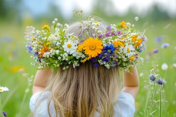 Naklejka premium Blonde caucasian child wearing colorful floral crown in blooming meadow