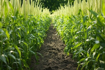 Naklejka premium Lush cornfield with young green plants and soil path under sunlight