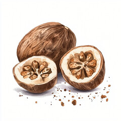 A Watercolor hand-painted sliced nutmeg branch painting illustration isolated on a white background, illustration, AI painted illustration FRUITS