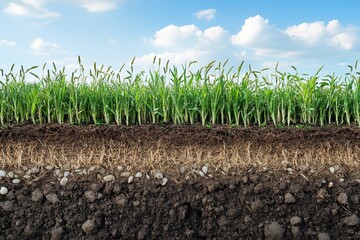 Cross-section of healthy soil with wheat roots and earth layers under blue sky
